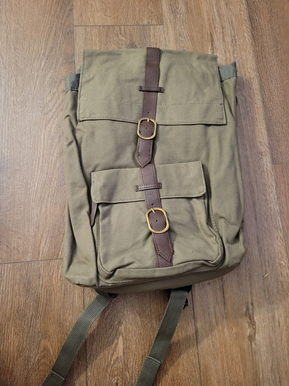 Olive Canvas Backpack with Brown Leather Trim